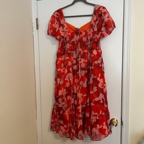 Torrid Size 1 Reddish Orange Cotton Clip Dot Lace Up Smocked Midi Dress - Picture 6 of 8